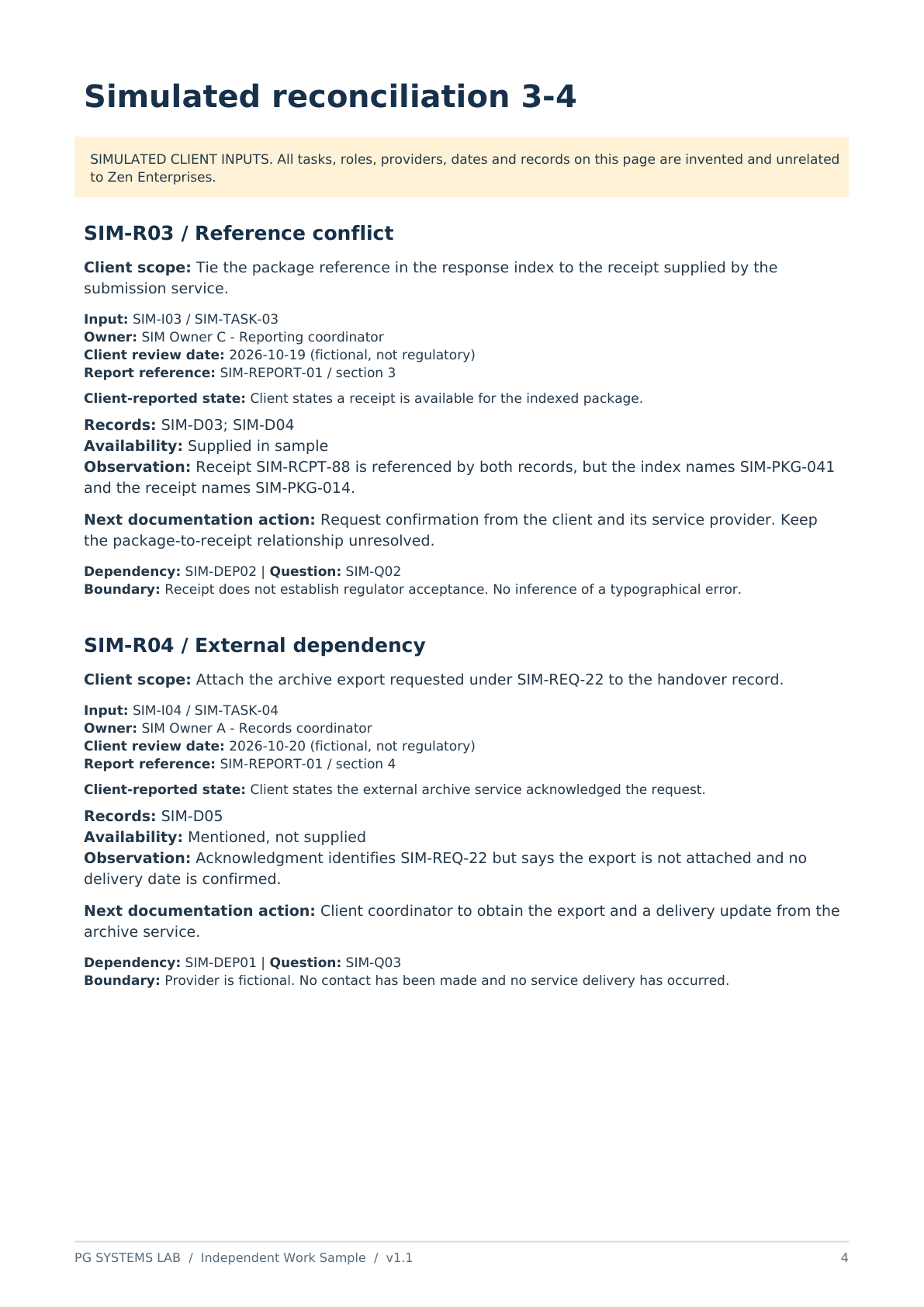 Actual sample PDF page showing simulated comparisons SIM-R03 and SIM-R04, their source references, documentation status and follow-up actions.